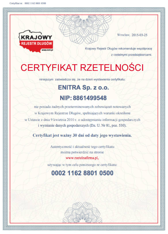 Certyfikat wiarygodności gospodarczej - Enitra sp. z o.o - Rzetelna firma